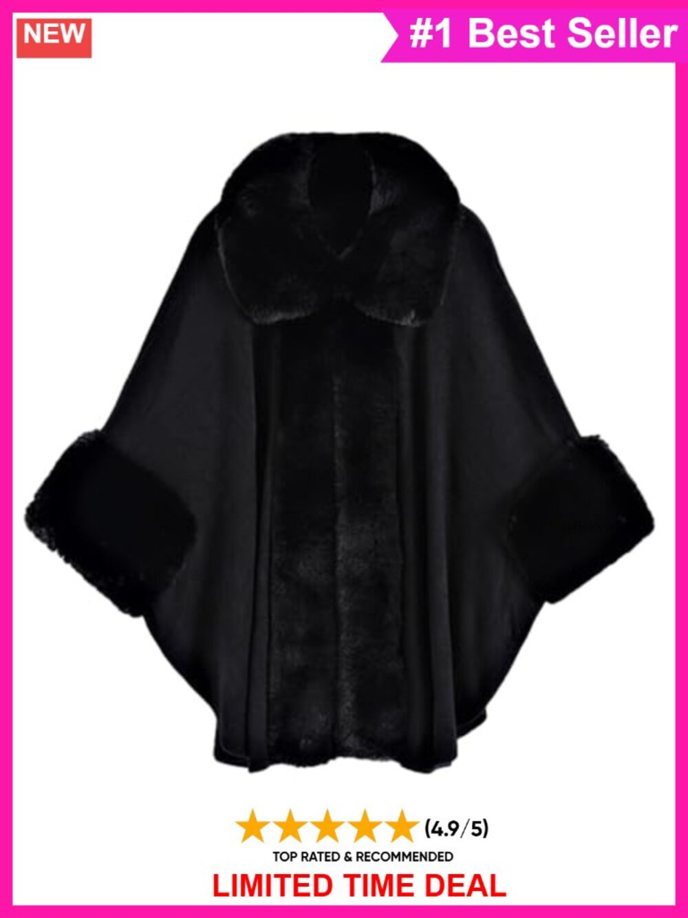 Faux Fur Trim Poncho Cape Wrap Sweater Oversized Cardigan Winter